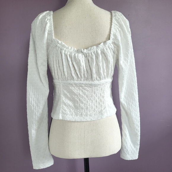 Free People Lady Bug Pointelle Long Sleeve Smocked Sweetheart Milkmaid Crop Top - Picture 10 of 16